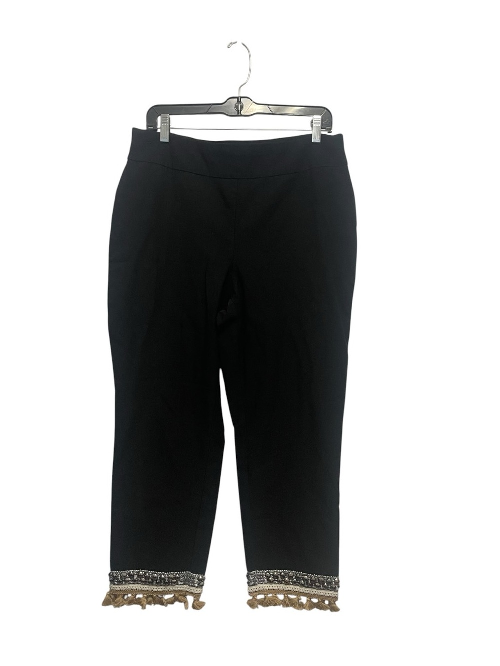 SO SLIMMING BY CHICO’S WOMEN'S BLACK CROPPED PANTS WITH FRINGED CUFFS SIZE 2 (L)
